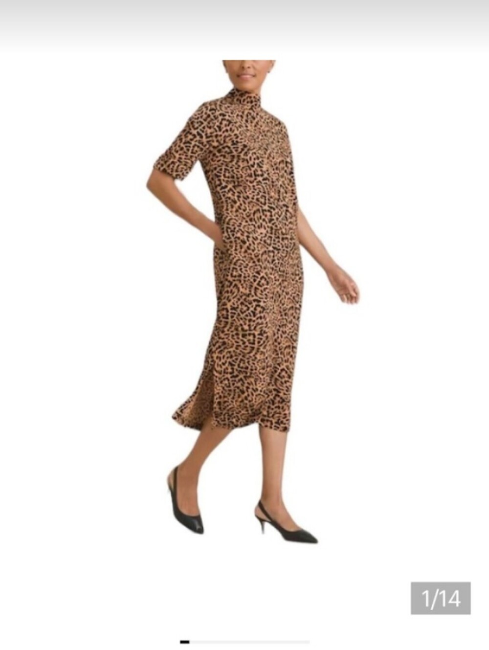 Chico's 1 BRN BLK Animal Print Midi Shift Dress Side Slit Mock Neckline 8/M